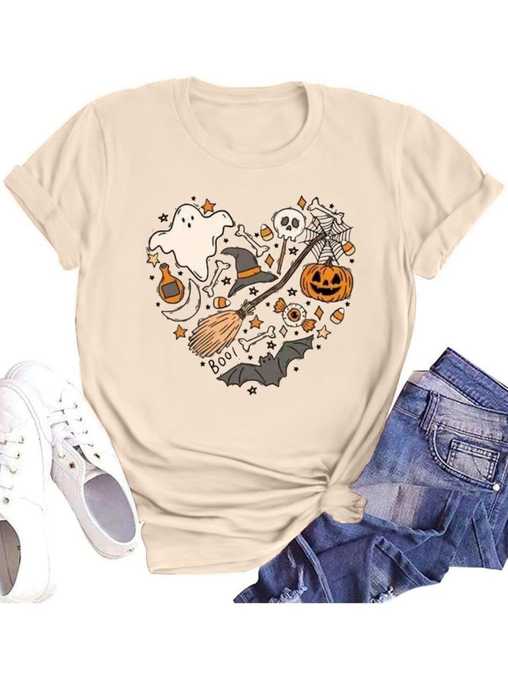 🆕 Women's Beige Halloween Heart Graphic Tee Short Sleeve Shirt